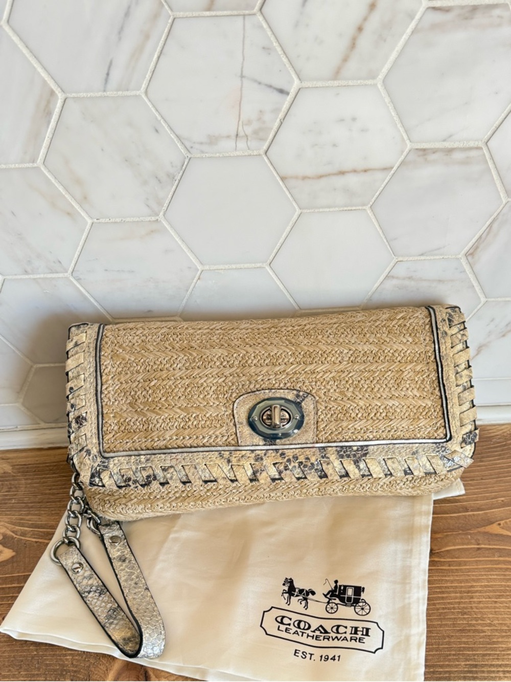 Vtg. Coach Hampton Natalie rattan python clutch